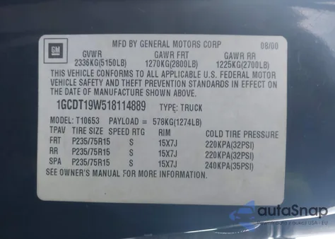 2001 Chevrolet S-10 Ls из США, поврежденный, VIN 1GCDT19W518114889